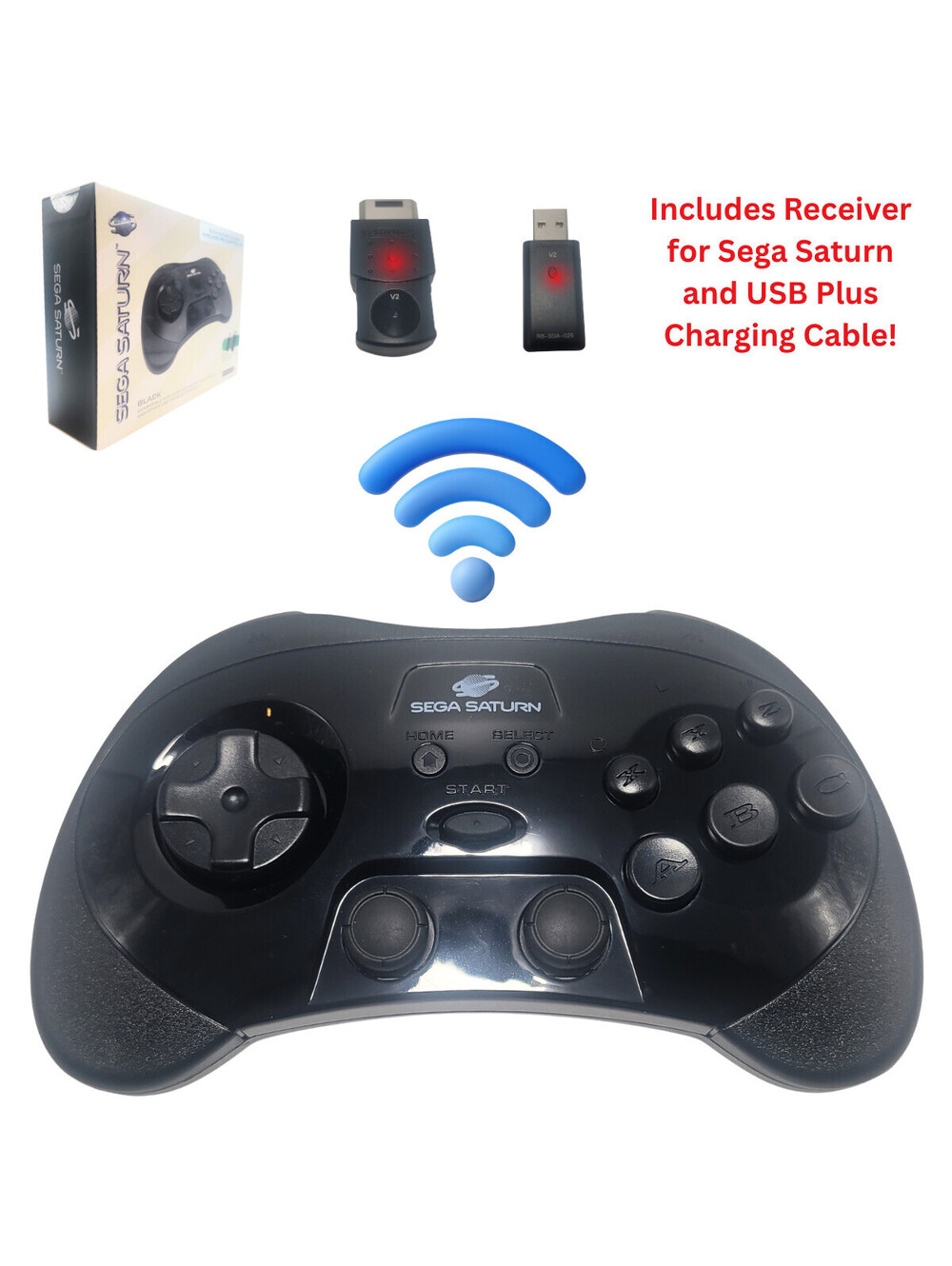 Sega Saturn 2.4GHz Wireless Pro Controller Analog Joysticks by Retro-bit - Black